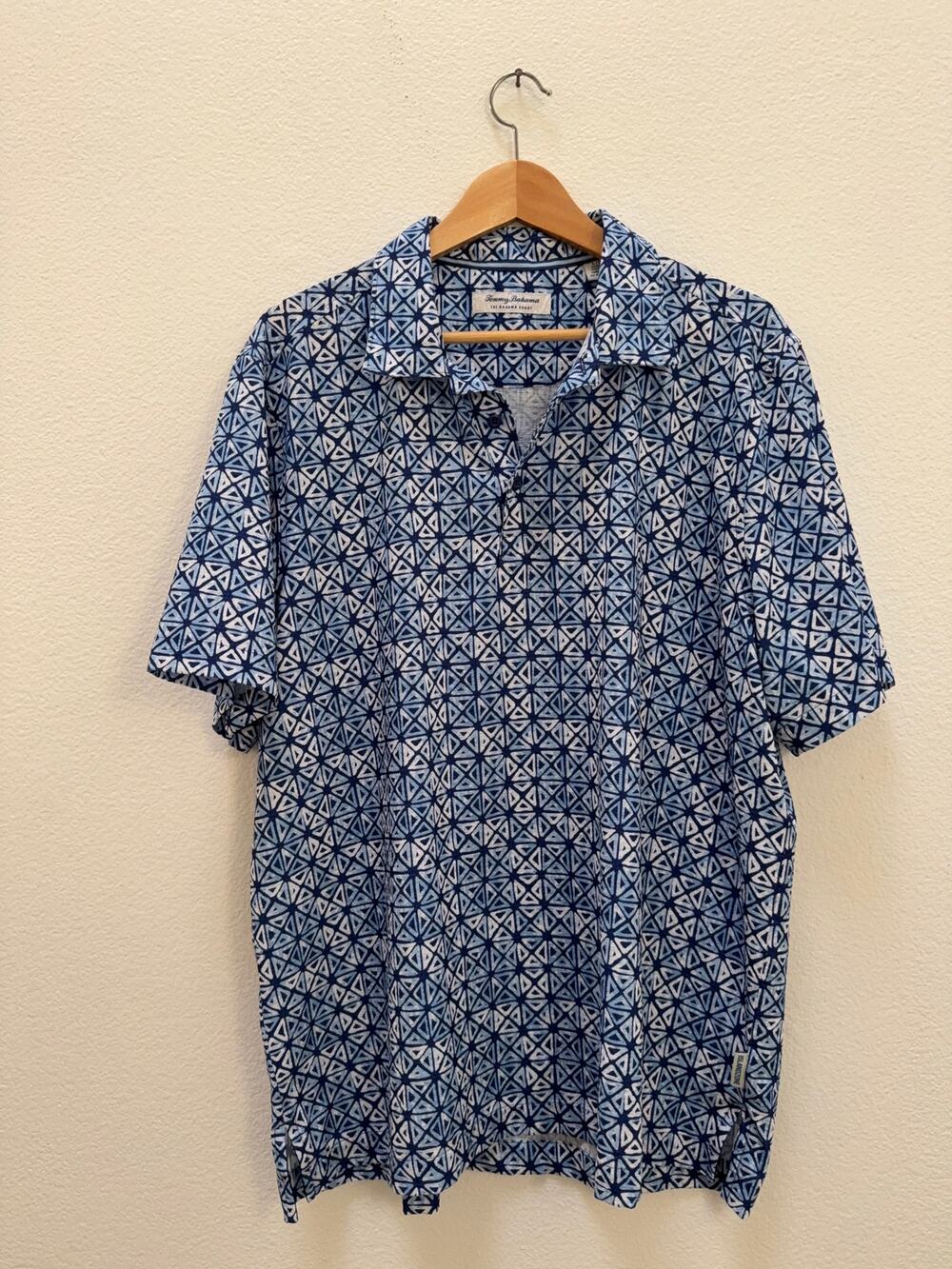 Tommy Bahama The Bahama Coast Polo Shirt Men's Large Blue Geometric Stretch